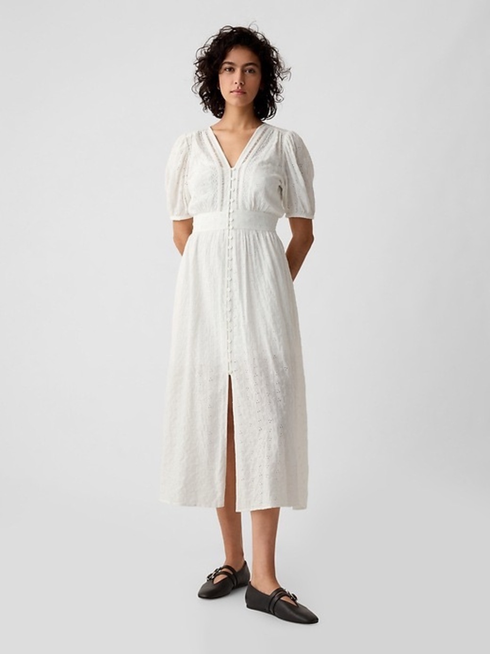 GAP White Eyelet V‑Neck Button Long Summer Dress NWT w slip dress underneath
